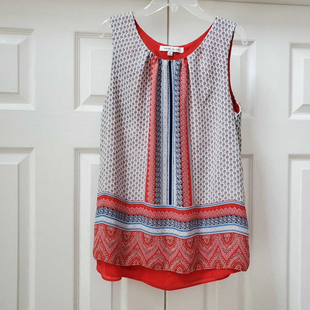 Rose and Olive Blue, orange, white boho tank top MEDIUM